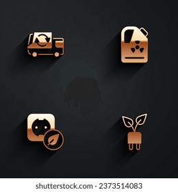 Set Garbage truck, Radioactive waste in barrel, Electrical outlet and saving plug leaf icon with long shadow. Vector