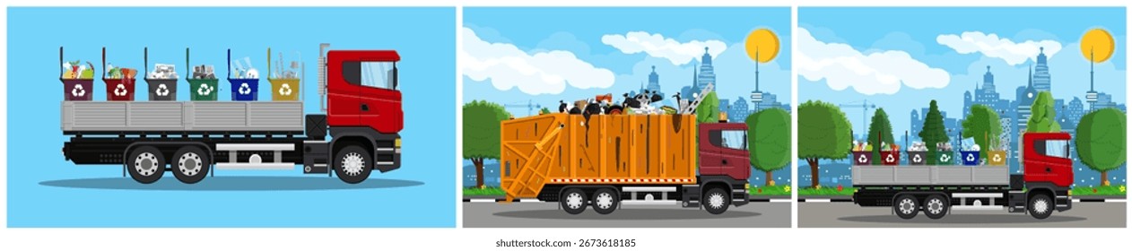 Set of garbage trucks. Waste sorting, garbage collection, and recycling flat style concept for infographic, banner.