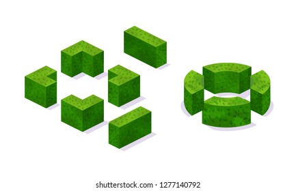 Set of garden 3D shrubs and flower plants from park. Collection of natural plants environment, landscape design. Element park or garden, with shrubs, grass, earth. Isometric vector, city constructor.