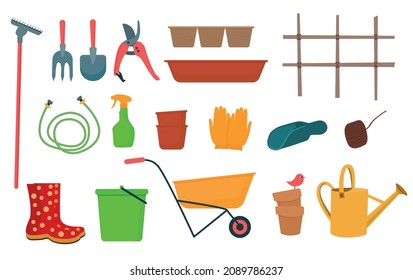 A set of garden accessories, agricultural equipment, watering can, trolley, pots, rubber boots. Vector illustration.