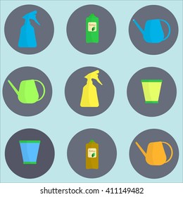 Set of Garden Accessories Flat Style Element Vector Illustration. Garden Tools Isolated On Light Blue Background.