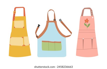 Set of garden aprons of different shapes and stylishpink, blue , yellow colors. Vector illustration on white background ,flat cartoon style for your design.