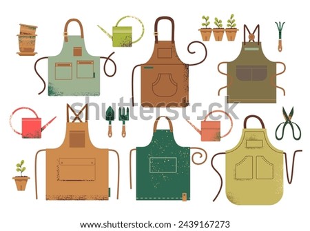 Set of garden aprons of different shapes and stylish brown, green colors, garden tools: watering cans, scoop, rake, ceramic pots for plants, seedlings. Vector illustration on white background.