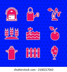 Set Garden bed, fence wooden, Tree with apple, Apple, Can container for milk, Wheat, Strawberry bush and Farm house icon. Vector