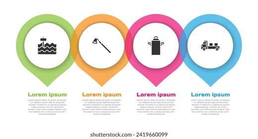 Set Garden bed, hoe, Can container for milk and Pickup truck. Business infographic template. Vector