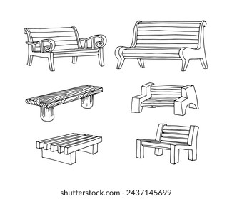 A set of garden benches. Vector illustration with black contour lines, isolated on a white background in doodle and hand drawn style.