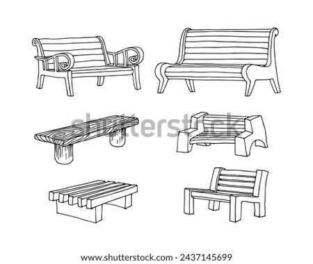 A set of garden benches. Vector illustration with black contour lines, isolated on a white background in doodle and hand drawn style.