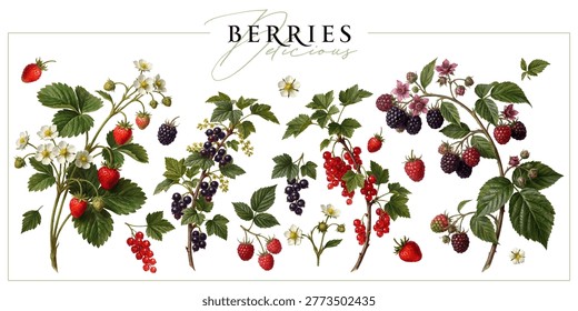 A set of garden berries branches isolated on a white background. Vintage painting style illustration.