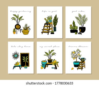 Set of garden cards. Vector posters for posters, baby room, greeting cards, kids and t-shirts and wear. Hand drawn lettering phrases