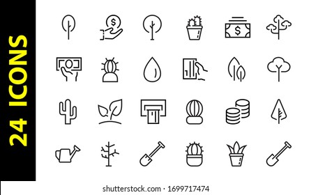  A set of garden care Icons, Vector illustration, Contains Icons such as tree, cactus, watering can, spade, flower and much more. on a white background, editable bar 480x480.