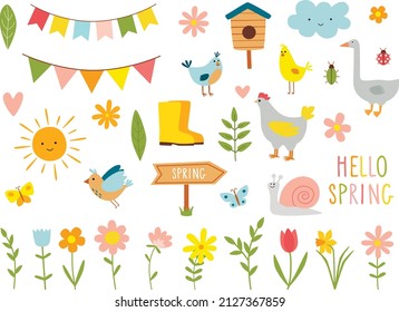 Set of garden cartoon design elements. Rubber boots, birds, and flowers. Vector illustration.