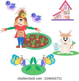 Set with garden characters. Cute scarecrow, rabbit, birds and butterflies. Vector flat illustration.
