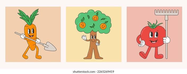 Set with garden characters, plants in trendy retro cartoon style. Tree with orange fruits with different facial expressions. Carrot with a shovel. Tomato is holding a rake.