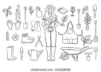 Set of garden contour doodle elements. The girl gardener holds a flower in her hands. Black and white elements for garden centers website design, flyers, booklets.
