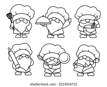 Set of garden cookes gnomes. Collection of cute holidays cooking elves with chef's hats. Vector illustration of baker gnomes on white background. Drawing for children.