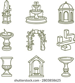 Set of garden decorative including stone fountains, sundials, gazebos, and arches in a simple line style for landscaping