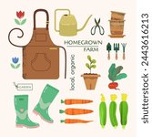 Set of garden elements: apron, rubber high boots, watering can, garden scoop, rake, scissors, zucchini, radishes, carrots, beets. Vector illustration for advertising vegetable farm store.