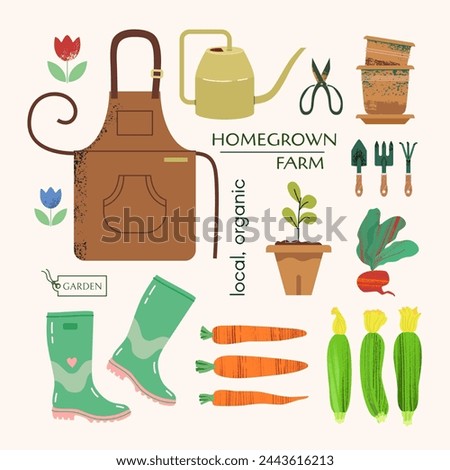 Set of garden elements: apron, rubber high boots, watering can, garden scoop, rake, scissors, zucchini, radishes, carrots, beets. Vector illustration for advertising vegetable farm store.