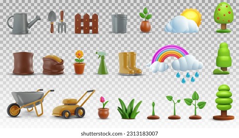 Set garden elements. Collection farm quipement on transparent background. Bright design objects in 3d realistic style. Modern minimal vector illustration, icon.