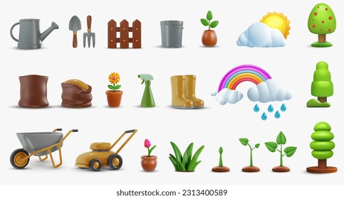 Set garden elements. Collection farm quipement on white background. Bright design objects in 3d realistic style. Modern minimal vector illustration, icon.