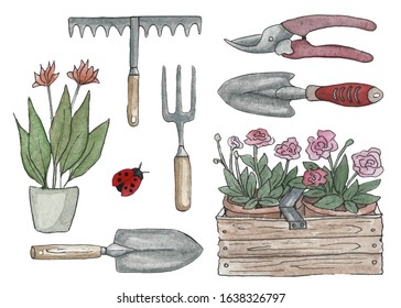 Set of garden elements for design. Hand-drawn watercolor illustration. Potted plants, watering can, shovel, chopper, dig, gloves, gardening, wire cutters, scissors. Gardening on the plot.