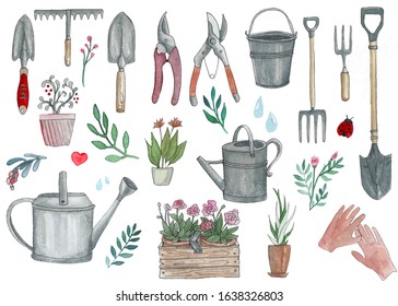 Set of garden elements for design. Hand-drawn watercolor illustration. Potted plants, watering can, shovel, chopper, dig, gloves, gardening, wire cutters, scissors. Gardening on the plot.