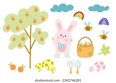 Set of garden elements isolated on white background. Set of cartoons rabbit with orange , tree ,garden tools, rainbow, bees, mushrooms, clouds, basket. Kid nursery wall art style. Vector illustration 