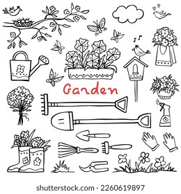 Set of garden elements on white background. Spring. Vector illustration. Perfect for coloring book, greeting card, print, invitation.