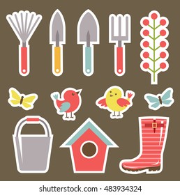 Set of garden elements for the scrapbook. Stickers. Vector