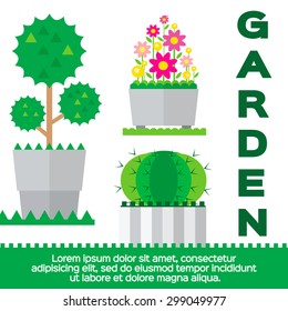Set of garden elements - tree,cactus, flowerbed, flowers in flat style. Spring and summer.