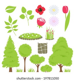 Set of garden elements - trees, flowerbed, flowers in flat style.