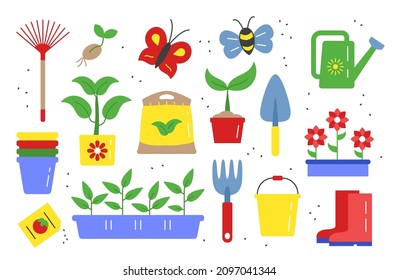 Set of garden elements. Various agricultural and gardening tools for spring work. Vector flat illustration.