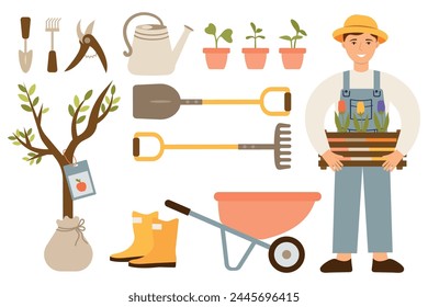 Set of garden elements. Vector illustration of a farmer, gardener with a wooden box with flowers, seeds and fertilizers.