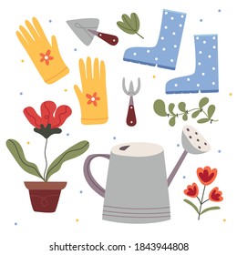 Set von Gartenelementen. Wasserdose, Handschuhe, Pflanzen, Gummistiefel, Schaufel, Rake. Konzept für Gartenbau. Illustration für Kinderbuch. Cute Poster.Einfache Illustration.