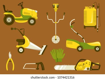 Set of garden equipment for grass mowing. Color vector icons illustration. Lawn mower and other agricultural and farm machinery