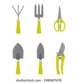  Equipo de jardín. Rastreo manual, traviesa, trasplante y tijeras. Ilustración aislada de vector plano