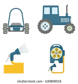 Set of garden equipment , tools, tractor and Lawnmower. Flat vector cartoon illustration. Objects isolated on a white background.