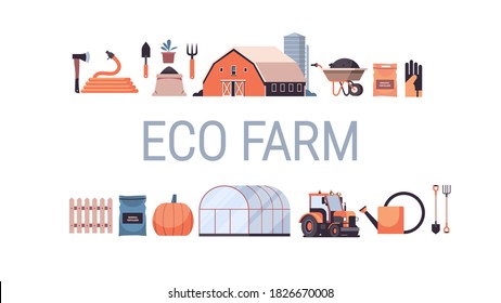 set garden and farm tools gardening equipment collection organic eco farming agriculture concept horizontal copy space vector illustration