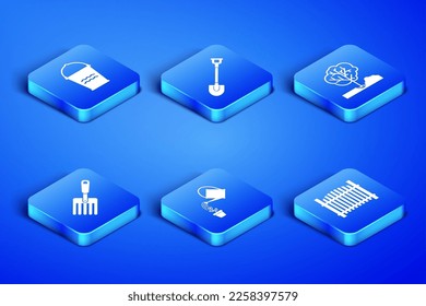 Set Garden fence, Bucket, Watering can, fork, shovel and Planting tree the ground icon. Vector