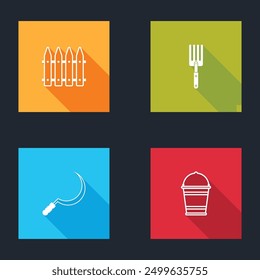 Set Garden fence, fork, Sickle and Bucket icon. Vector