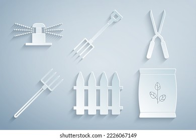 Set Garden fence, Gardening handmade scissor, pitchfork, Fertilizer bag, and Automatic irrigation sprinklers icon. Vector