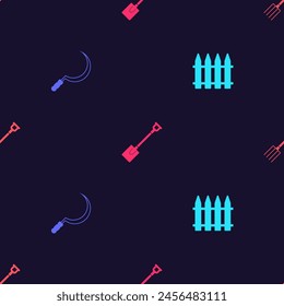 Set Garden fence, Sickle, shovel and pitchfork on seamless pattern. Vector