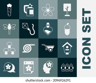 Set Garden fence wooden, Bird house, Acorn, Flower, Kite, Dragonfly, Carrot and Bottle with love potion icon. Vector