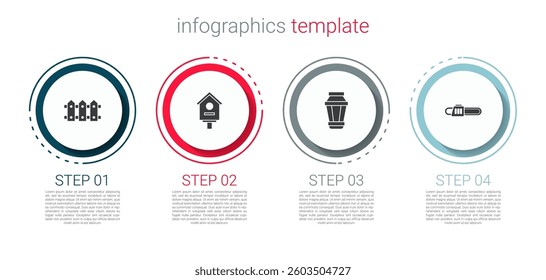 Set Garden fence wooden, Bird house, light lamp and Chainsaw. Business infographic template. Vector