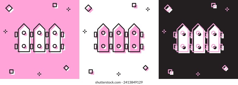 Set Garden fence wooden icon isolated on pink and white, black background.  Vector