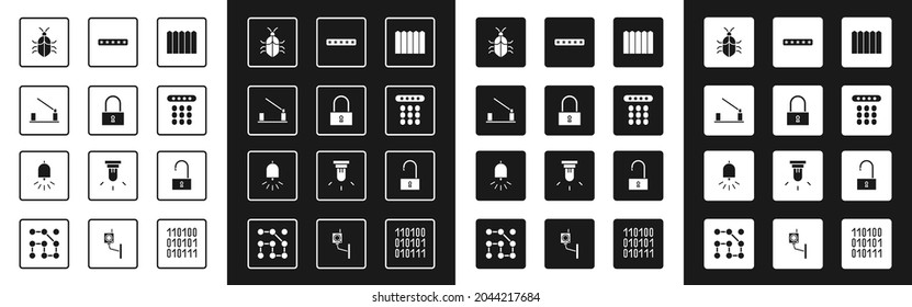 Set Garden fence wooden, Lock, Parking car barrier, System bug concept, Password protection,  Open padlock and Ringing alarm bell icon. Vector