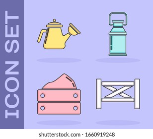 Set Garden fence wooden, Watering can, Wooden box with harvest and Can container for milk icon. Vector