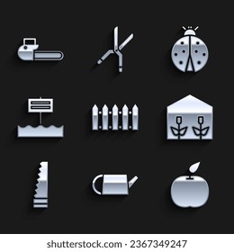 Set Garden fence wooden, Watering can, Apple, Home greenhouse and plants, saw, Blank sign board, Ladybug and Chainsaw icon. Vector