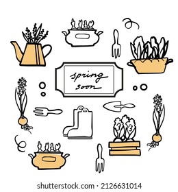 Set of garden and flower related doodle illustration such as shovel, watering can and more
