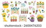 Set of garden flowers in different pots isolated on white background. Spring, Easter, holiday and gardening concept cliparts. Vector hand drawn elements.
